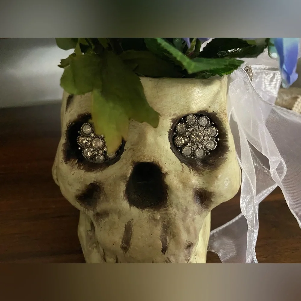 Charming Skull Vase with Rhinestone Eyes and Faux Florals